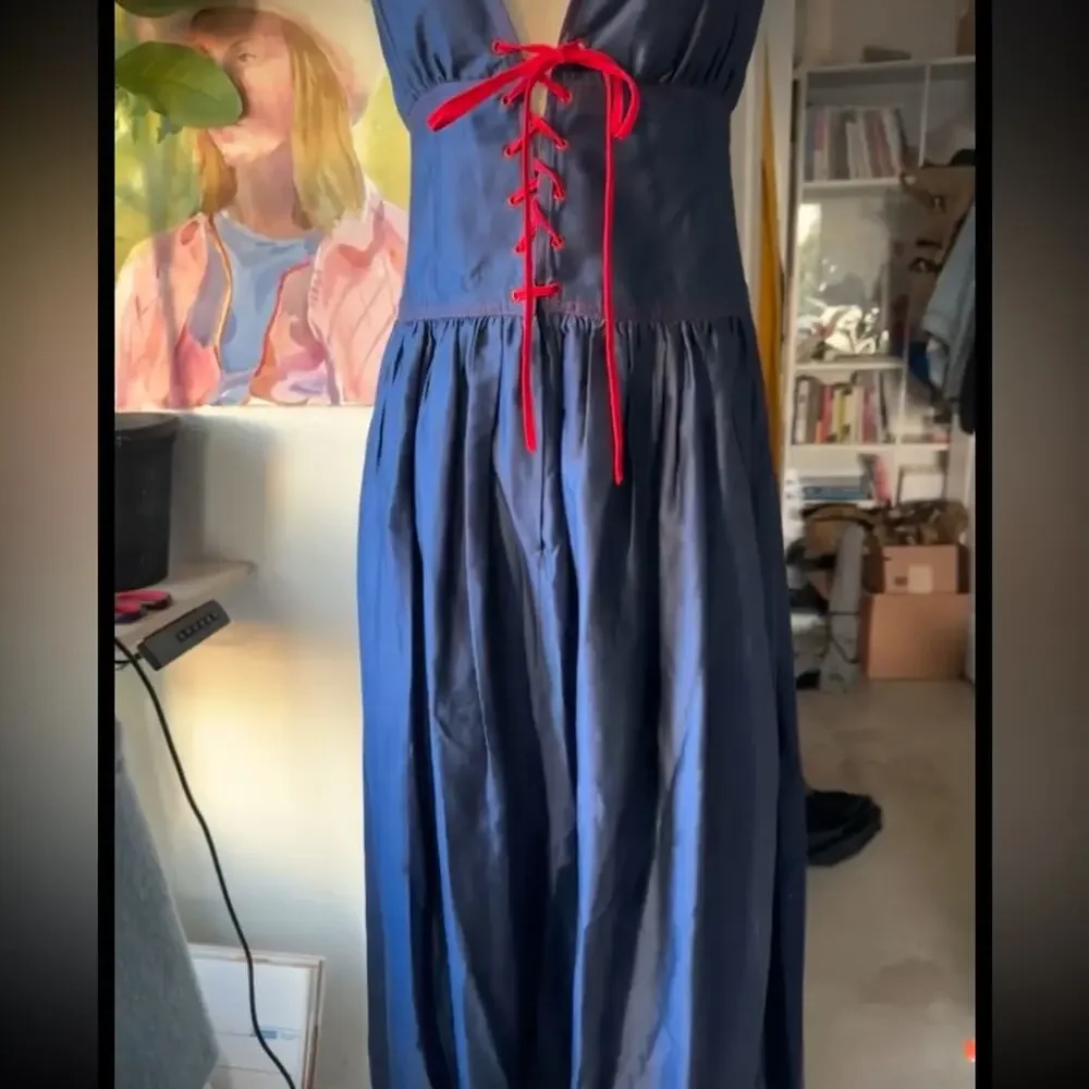 70s Givenchy Navy Dress with Red Lace-Up Corset Empire Bustier Accent - Picture 10 of 11